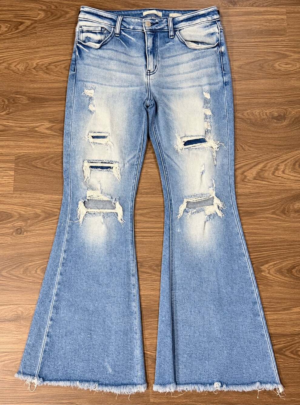 Cello Distressed Light Wash Flare Jeans Blue Denim